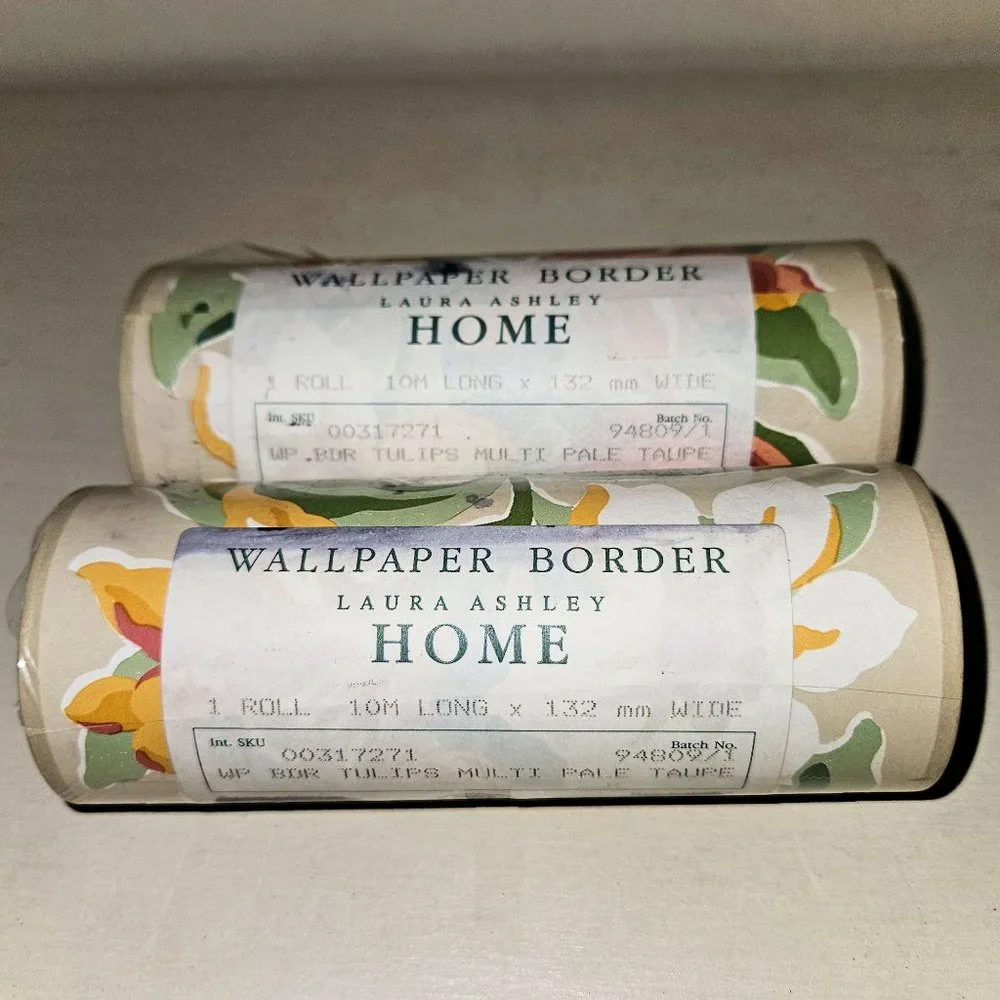 2 Rolls Vintage Laura Ashley Wallpaper Border Floral Tulips Botanical 10m Ea NOS